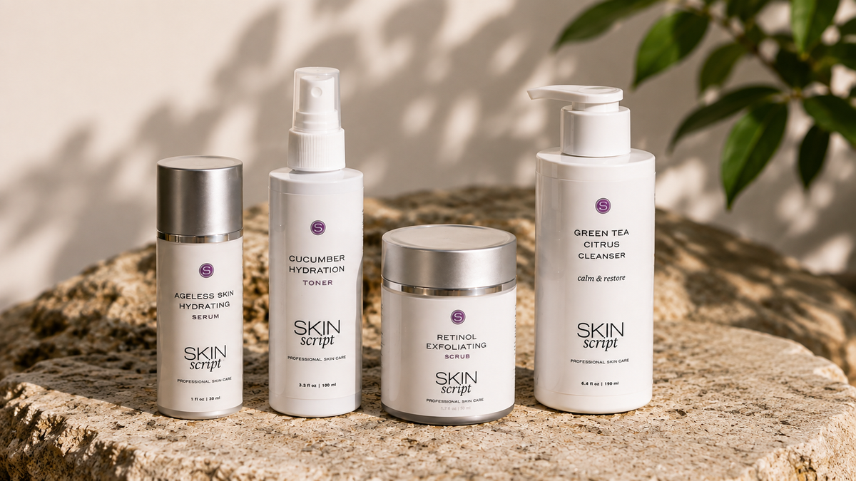 Skin Script Ageless Skin Hydrating Serum, Cucumber Hydration Toner, Retinol Exfoliating Scrub, and Green Tea Citrus Cleanser displayed on a sunlit stone surface.