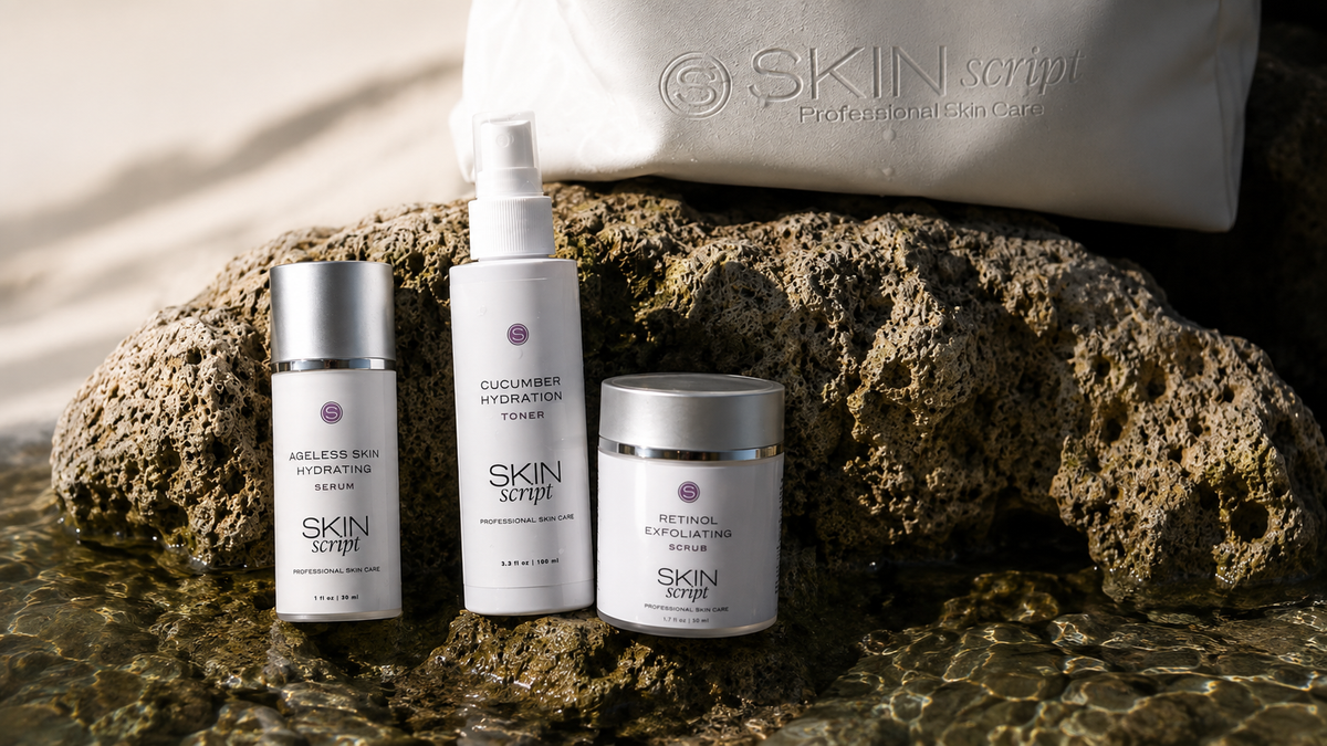 Skin Script Ageless Skin Hydrating Serum, Cucumber Hydration Toner, and Retinol Exfoliating Scrub arranged on sunlit rocks beside water.