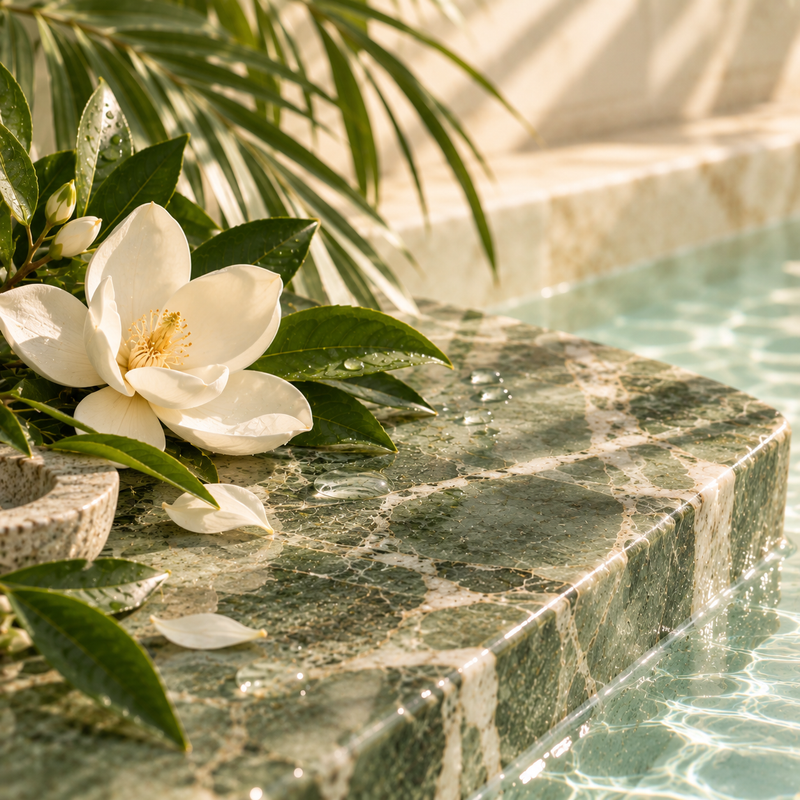 Elegant darker sage marble, soft directional sunlight, refined white botanical flower, subtle water reflection, sophisticated and minimal