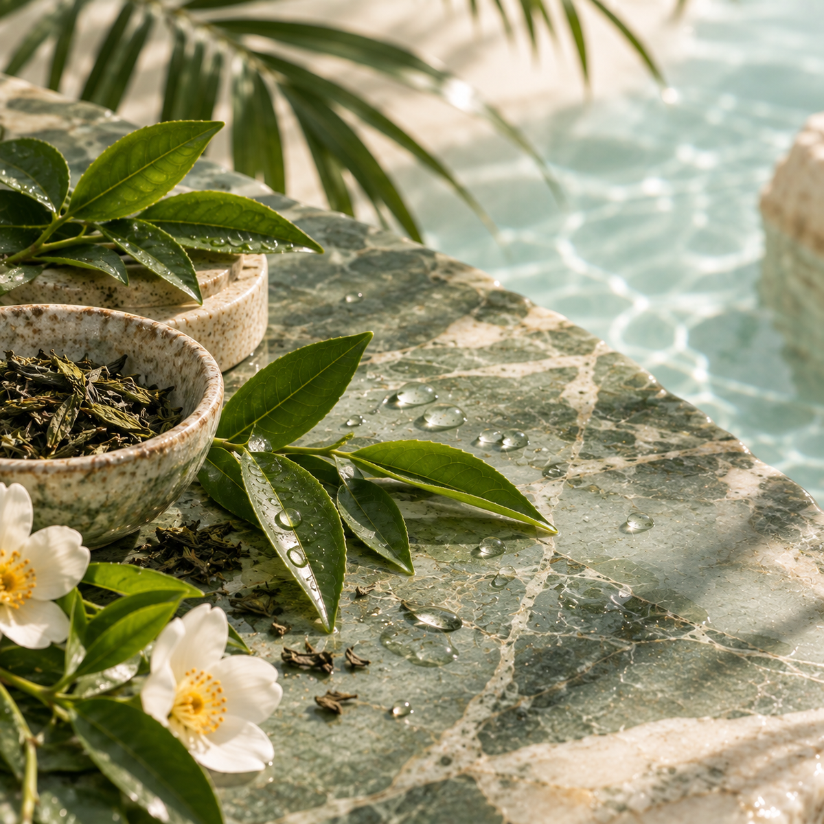 Deeper sage marble, green tea leaves, subtle water droplets, clean botanical composition, slightly more structured.