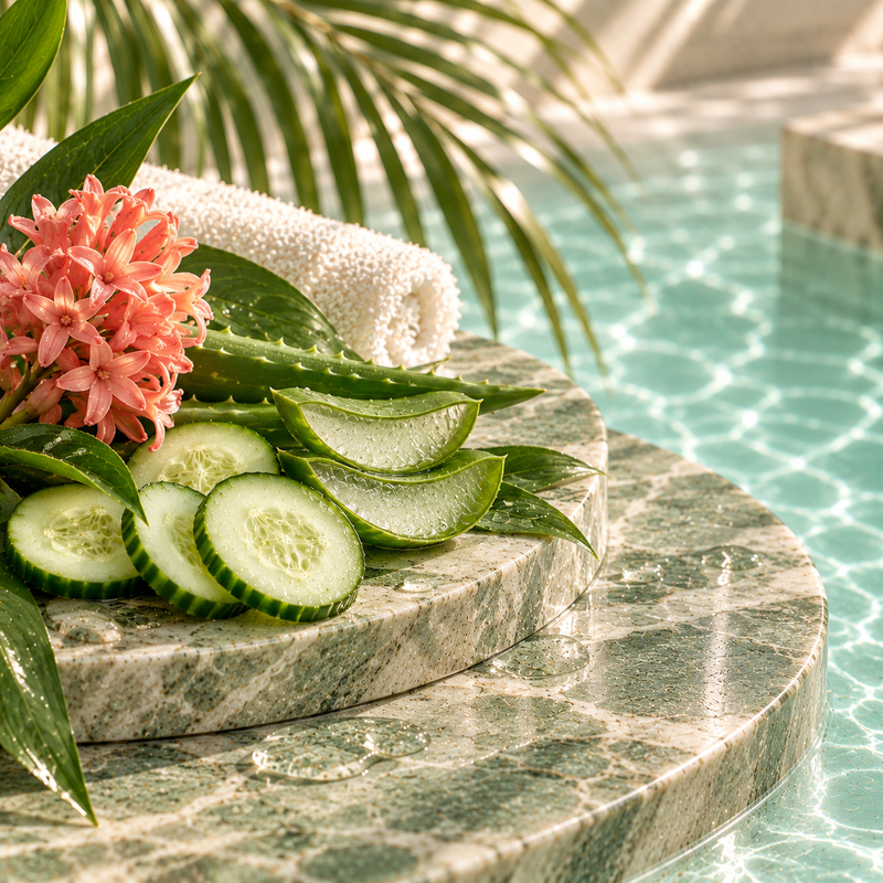 Pale sage marble, soft water ripples, cucumber slices, aloe, tiny droplets, fresh hydrated feeling.