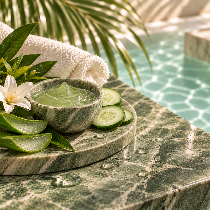 deeper sage marble, polished stone texture, subtle granules or scrub texture, white towel, botanical accents