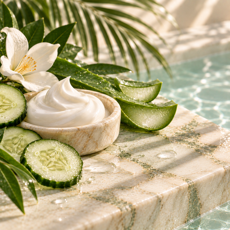 Creamy ivory marble, cucumber, aloe, a realistic dollop of white moisturizer cream, soft diffuse light