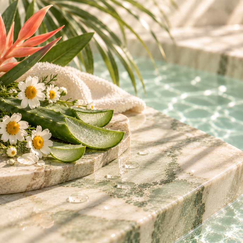 Cream and sage marble, aloe vera, chamomile flowers, soft coral botanical accent, very calm and minimal.