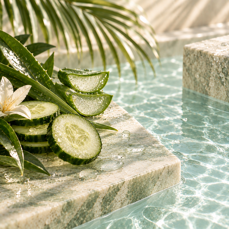 soft seafoam water ripples, cucumber, mist droplets, aloe, pale sage marble, very fresh and watery